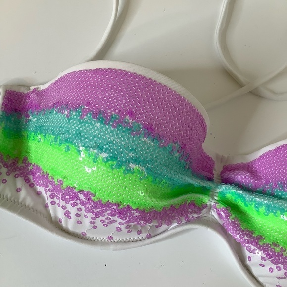 Victoria’s Secret Aqua Waves sequins bandeau strapless bikini top SZ 34B EUC - Picture 7 of 12